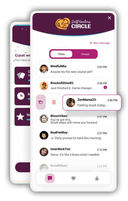 The SelfHealers Circle app shown on an iPhone